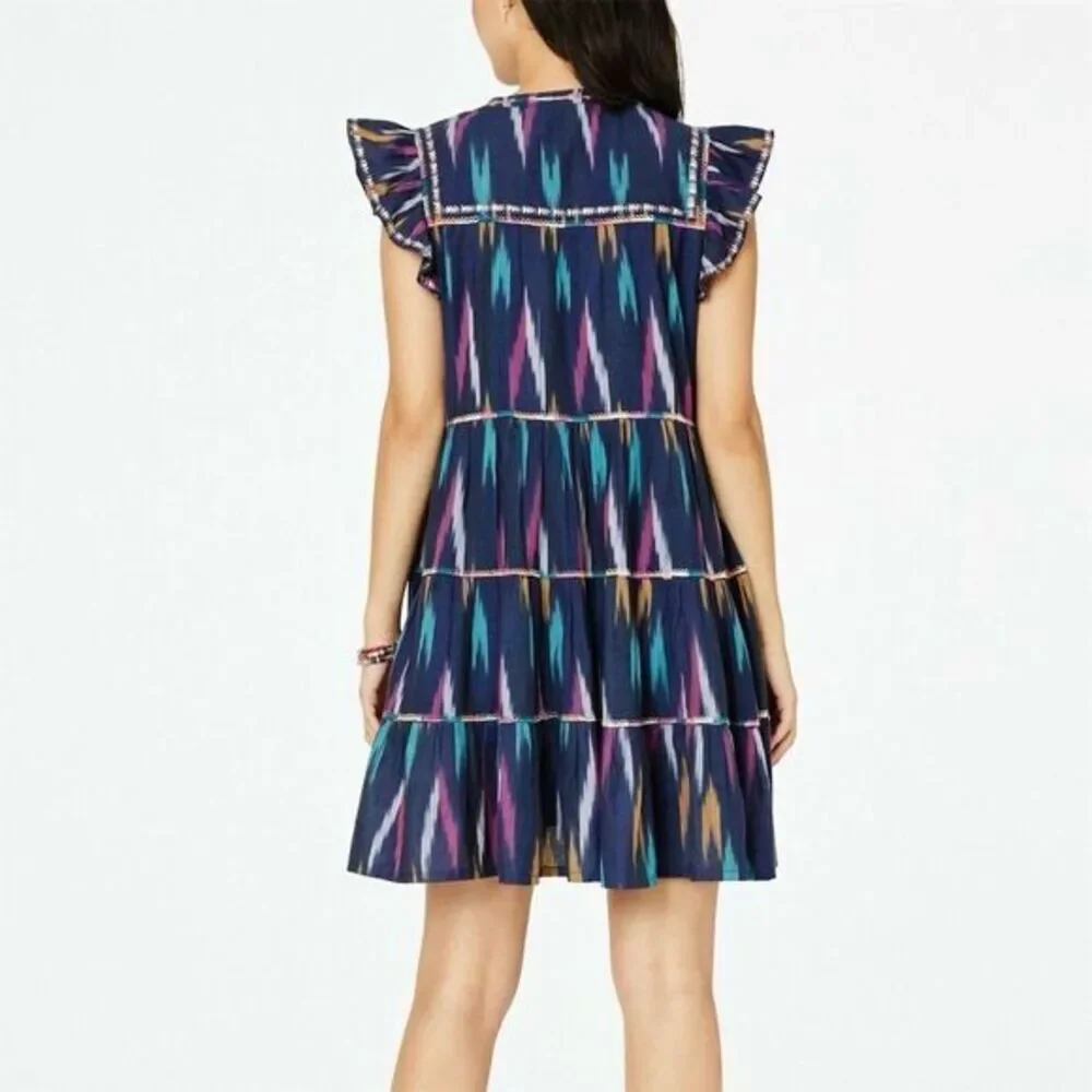 Roller Rabbit Women's S Pippa Ikat Print Bohemian Dress Multicolor Ruffle Sleeve - Picture 2 of 9